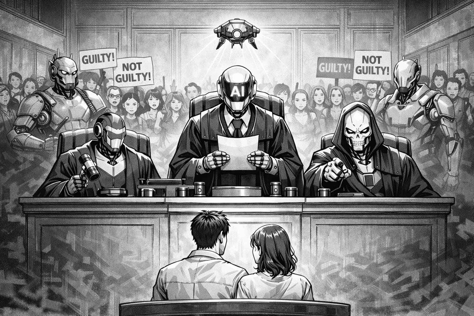 AI courtroom — robot judges deliberating a verdict